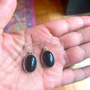 Silver and black oval stone earrings